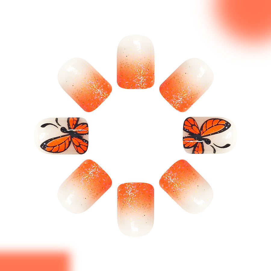 Butterfly Dream Press On Nail Set Short Square Orange Ombre Glitter with Elegant Butterfly Design