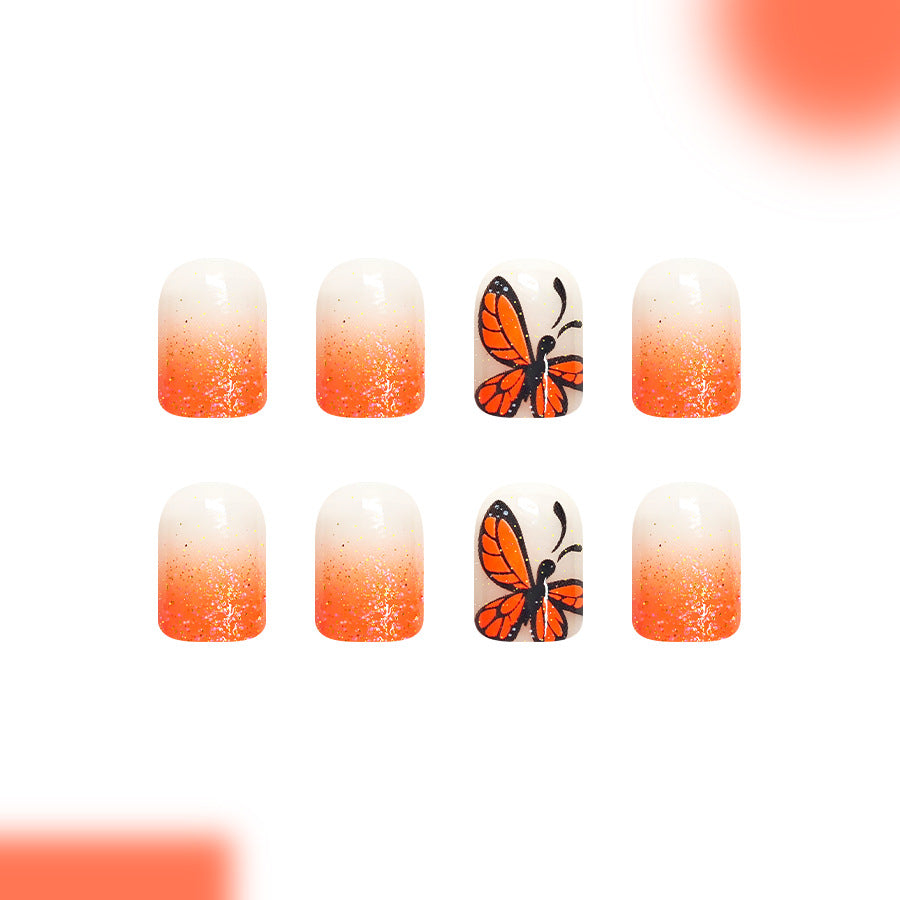 Whimsical Butterfly Dreams Orange Ombre Short Square Press-On Nail Set with Glitter and Butterfly Accent