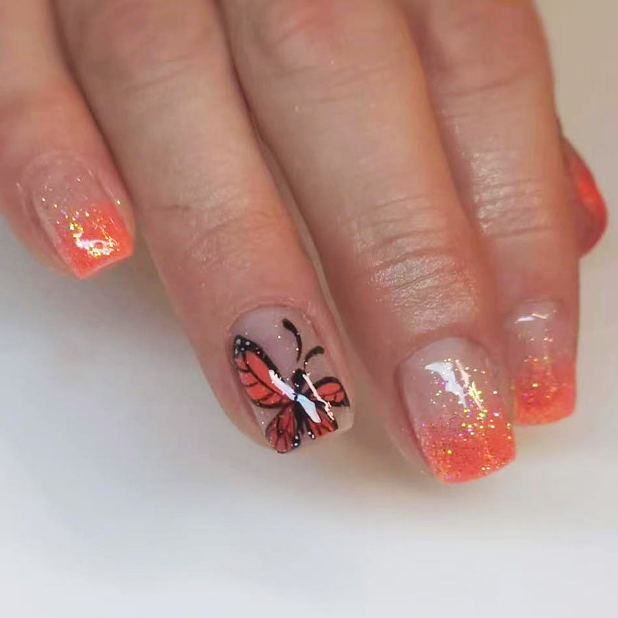 Butterfly Dreams Short Square Transparent Orange Glitter Press On Nail Set with Intricate Butterfly Art
