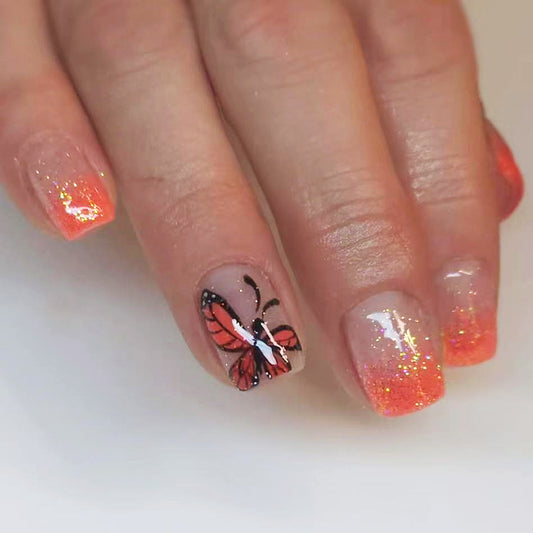 Butterfly Dreams Short Square Transparent Orange Glitter Press On Nail Set with Intricate Butterfly Art