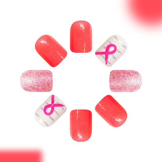 Radiant Celebration Short Square Pink and Coral Shimmer Press On Nail Set with Inspiring Ribbon Design
