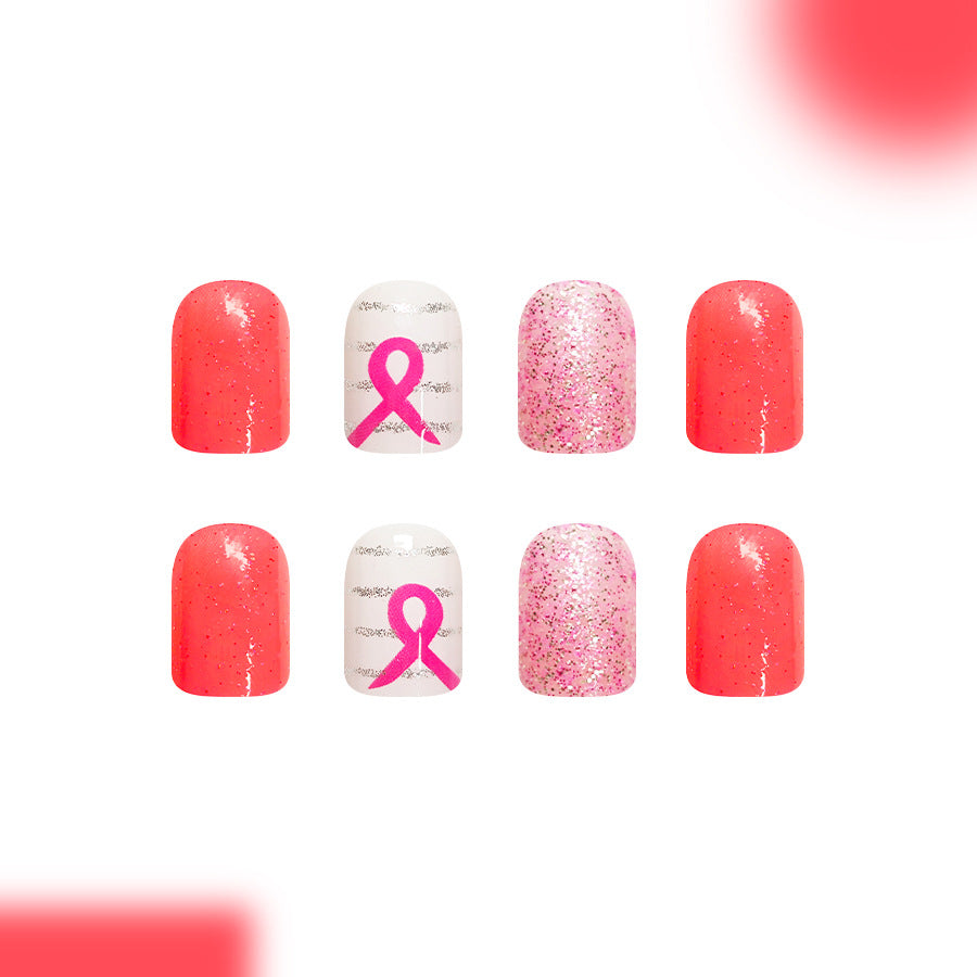 Radiant Blossom Press-On Nail Set in Short Square Coral Pink with Sparkling Ribbon Design