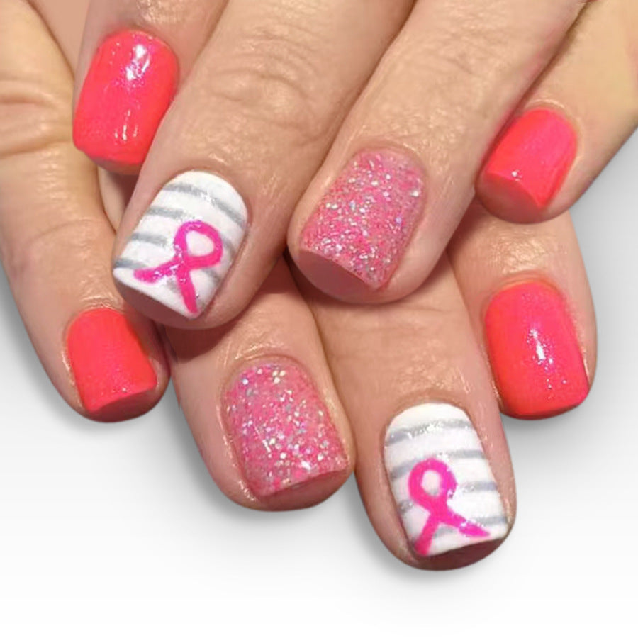 Charming Summer Short Square Neon Pink Glittery Press On Nail Set with Striped Ribbon Design