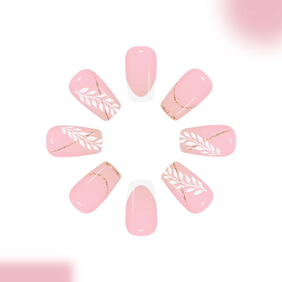 Charming Blossom Elegant Medium Coffin Pink Press On Nail Set with Gold Leaf Accents