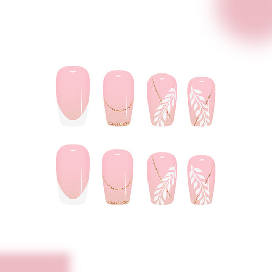 Blossom Breeze Medium Coffin Soft Pink with Gold Leaf Accents Press on Nail Set