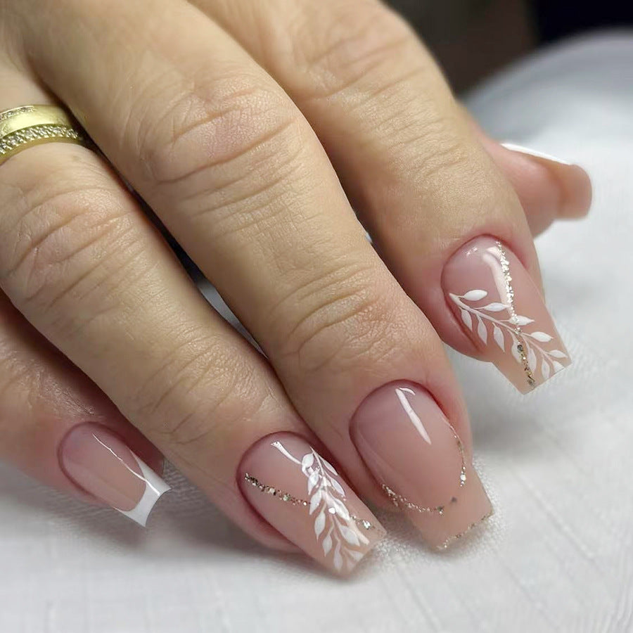 Whimsical Elegance Medium Coffin Beige with Floral Accents and Glittering Detail Press on Nail Set