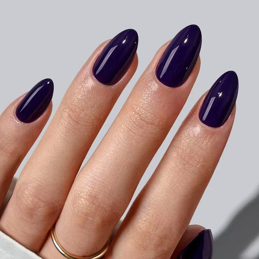 Elegant Midnight Glamour MEdium Oval Glossy Purple Nail Set with High Shine Finish