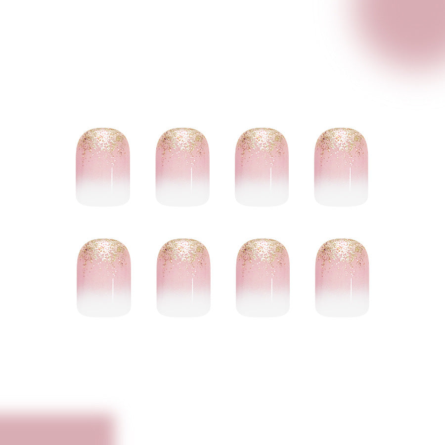 Glamorous Garden Short Square Pink Ombre with Golden Glitter Nail Set