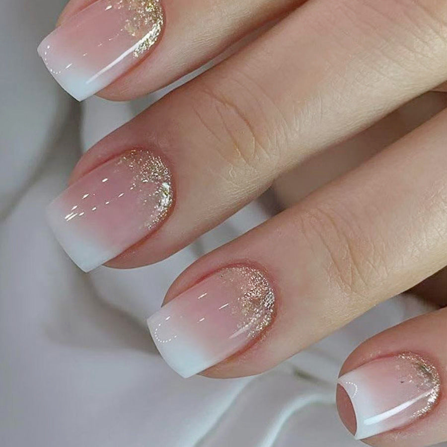 Glamorous Short Square Press On Nails in Long Length with Classic White and Soft Pink Ombre Featuring Sparkling Gold Accents