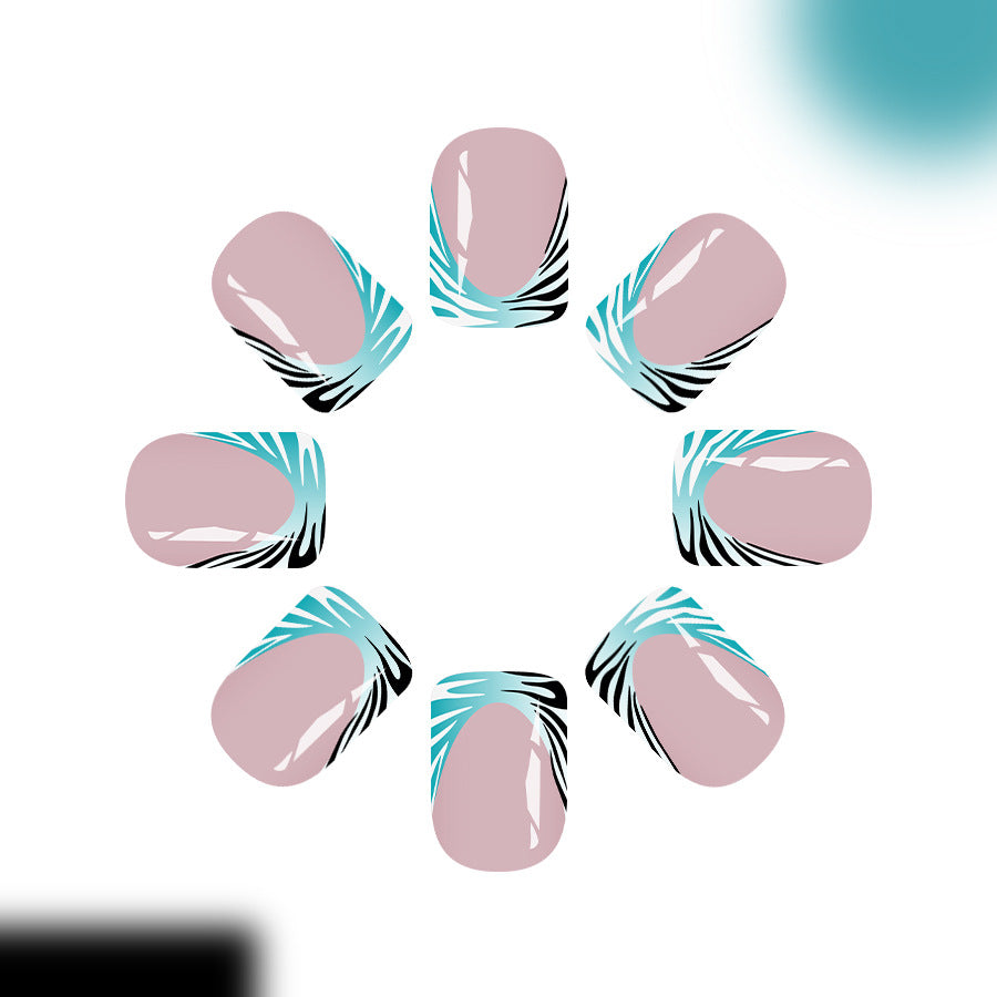 Tropical Oasis Short Square Blush Pink Press On Nail Set with Sleek Turquoise and Black Accent Design