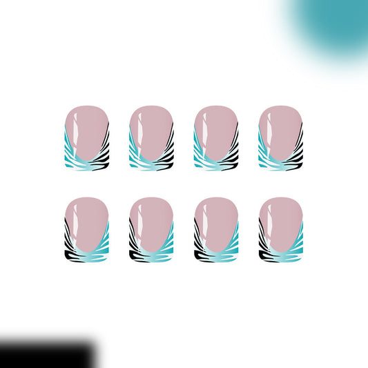 Ocean Breeze Short Square Press-On Nails in Soft Pink with Striking Black and Aqua Swirl Design