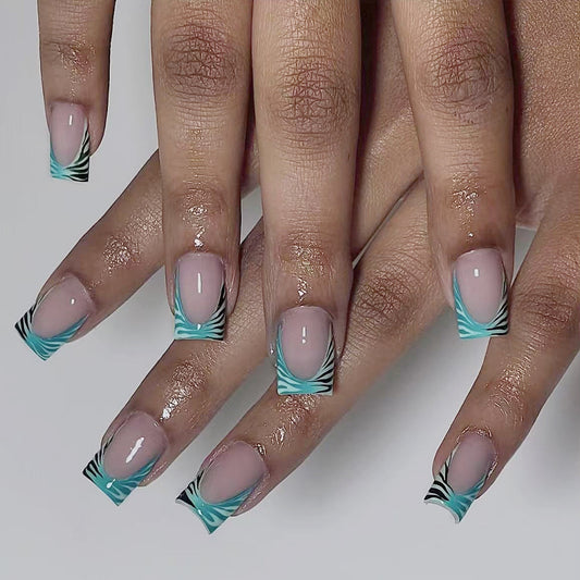 Tropical Vibes Short Square Blue and Black Swirl Press-On Nail Set