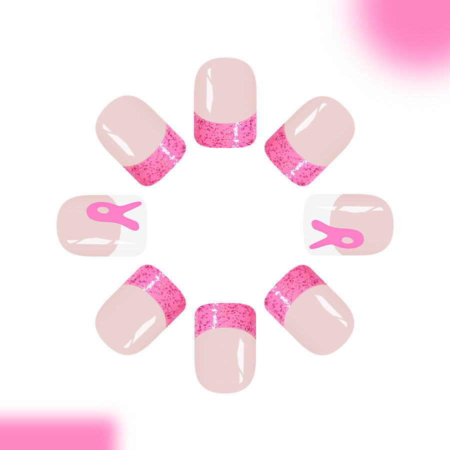Pink Ribbon Celebration Trendy Short Square Glossy Press On Nail Set with Sparkling Glitter Finish