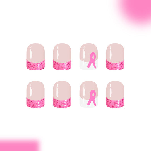 Charming Elegance Short Square Pink Glitter Ombre with Ribbon Design Press On Nail Set