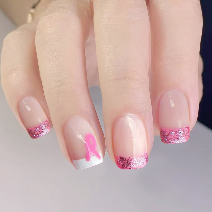 Glamorous Elegance Short Square Pink Glitter Press On Nail Set with Unique Ribbon Design