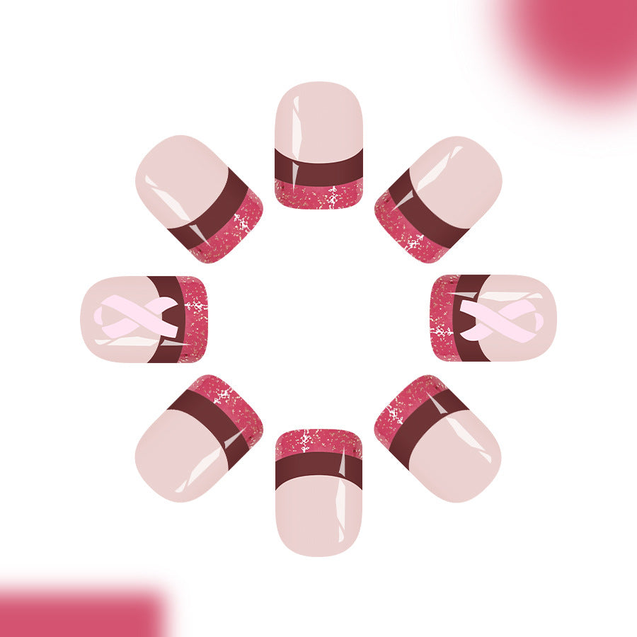 Glamorous Rose Quartz Short Square Pink and Glitter with Ribbon Press On Nail Set