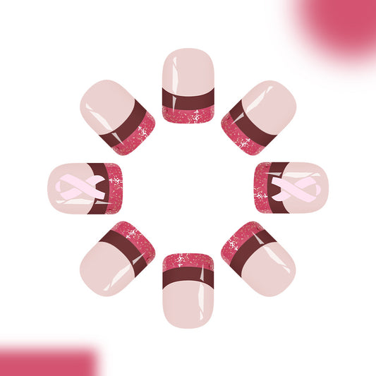 Glamorous Rose Quartz Short Square Pink and Glitter with Ribbon Press On Nail Set