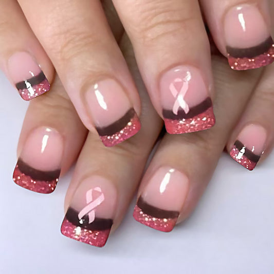Pink Ribbon Glamour Short Square Press On Nails with Glitter Gradation and Breast Cancer Awareness Design