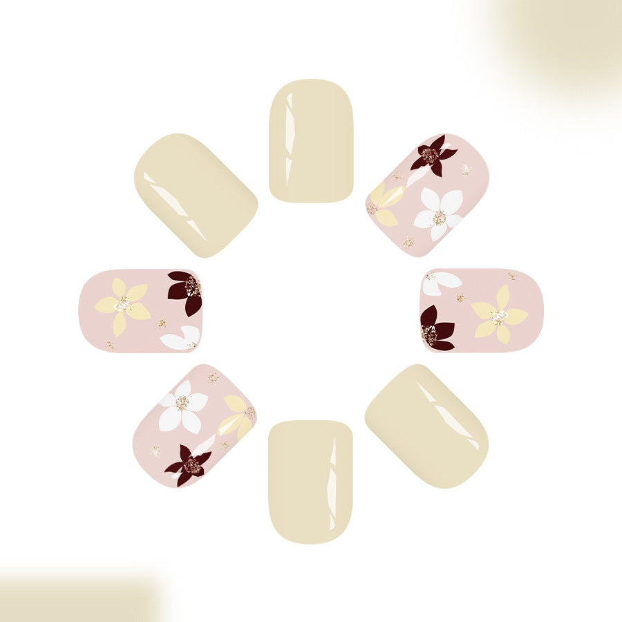 Blossom Serenity Elegant Short Square Creamy Beige Floral Design Press-On Nail Set