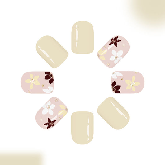 Blossom Serenity Elegant Short Square Creamy Beige Floral Design Press-On Nail Set