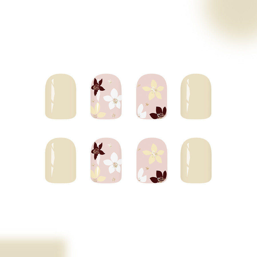 Blossom Dream Short Square Beige and Floral Design Press on Nail Set