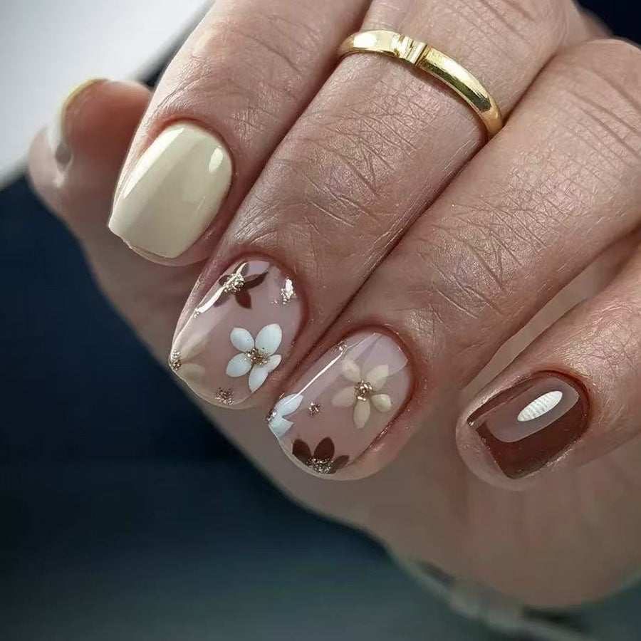 Floral Elegance Short Square Beige Press On Nail Set with Charming Flower Accents