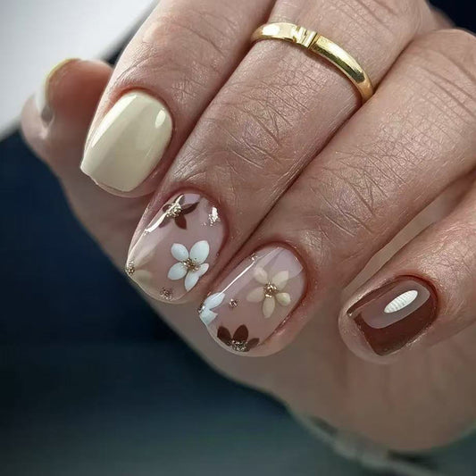 Floral Elegance Short Square Beige Press On Nail Set with Charming Flower Accents