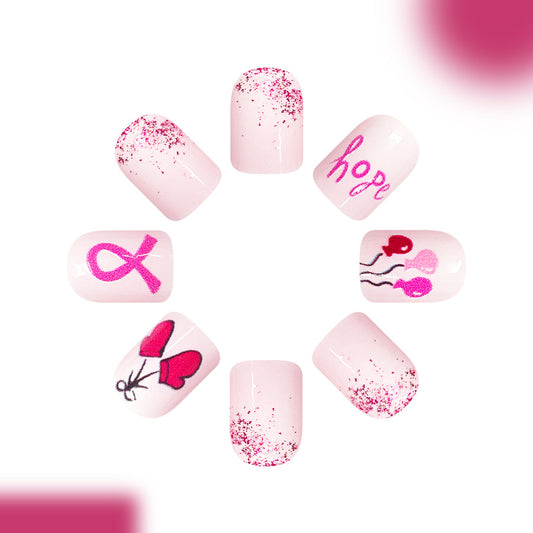 Empowerment Theme Chic Short Square Pink Glitter Press-On Nail Set with Inspiring Symbols and Unique Artistic Designs