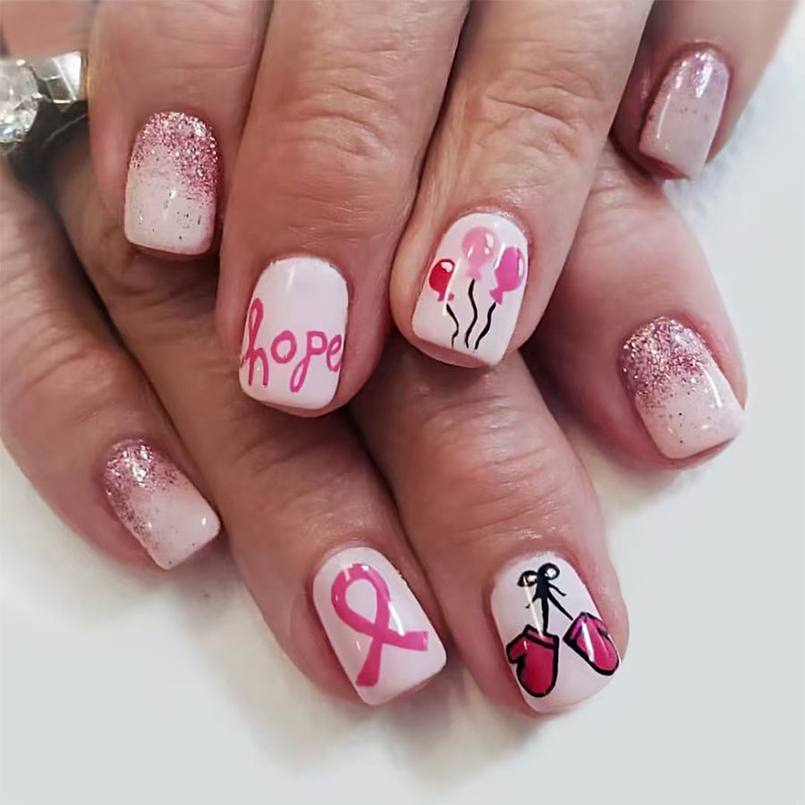 Hopeful Elegance Short Square Pink Glittering Press-On Nail Set with Inspirational Designs