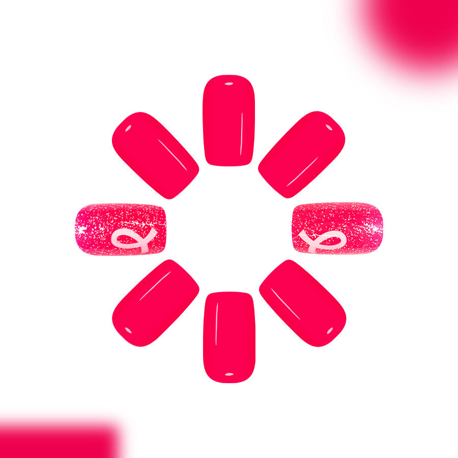 Glamorous Garden Fabulous Medium Square Bright Pink Sparkling Accent Press On Nail Set