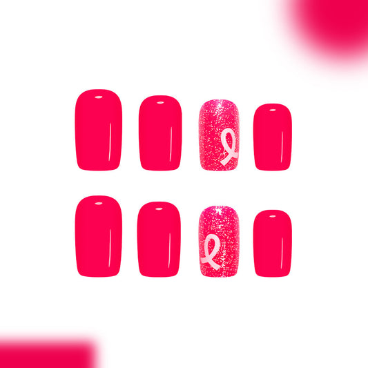 Vibrant Celebration Glossy Medium Square Hot Pink Nail Set with Glittery Ribbon Accent