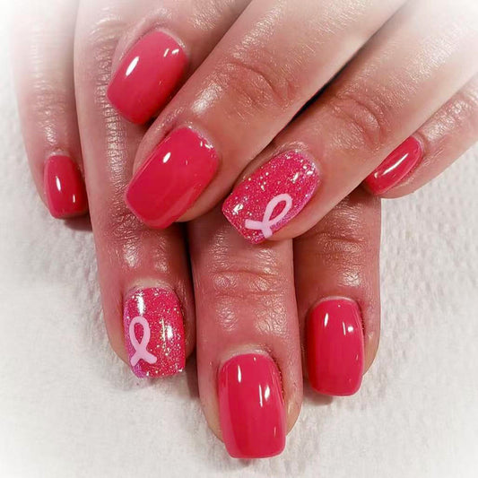 Charming Elegance Square Long Glossy Pink Press On Nail Set with Glitter and Ribbon Design