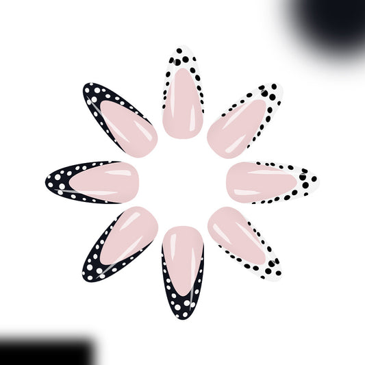 Chic Polka Dot V Shape Long Almond Pink and Black Press On Nail Set with Unique Dotted Tips