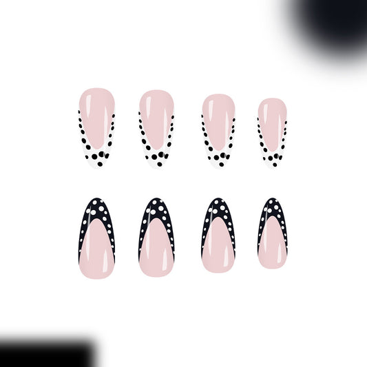 Chic Polka Dot Elegance Long Almond Blush Pink with Black Accents Press On Nail Set