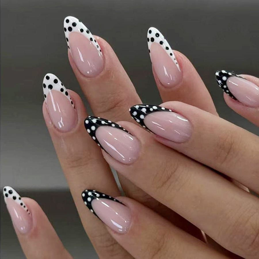 Chic Polka Dot Fashion Long Almond Glossy Pink and Black Nail Set with Unique White Tip Design