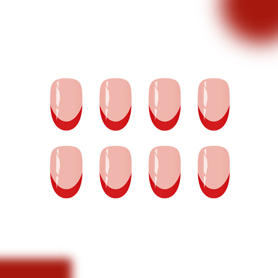 Chic Autumn Elegance Medium Oval Blush Pink with Bold Red French Tips Nail Set