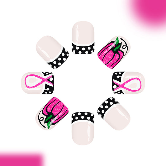 Charming Fall Elegance Short Square Short Pink and Black with Glittery Pumpkin Design Press On Nail Set