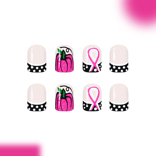 Pumpkin Spice Vibe Short Square Pink Polka Dot Design with Breast Cancer Awareness Ribbon Press on Nail Set