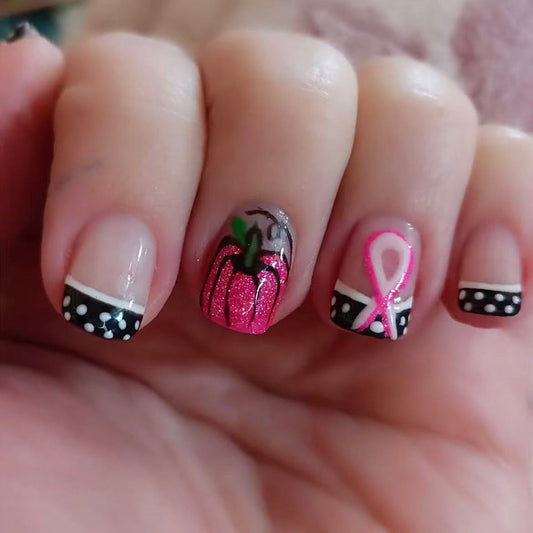 Pumpkin Spice Glamour Short Square Black and Pink Glittery Nail Set with Unique Ribbon Details