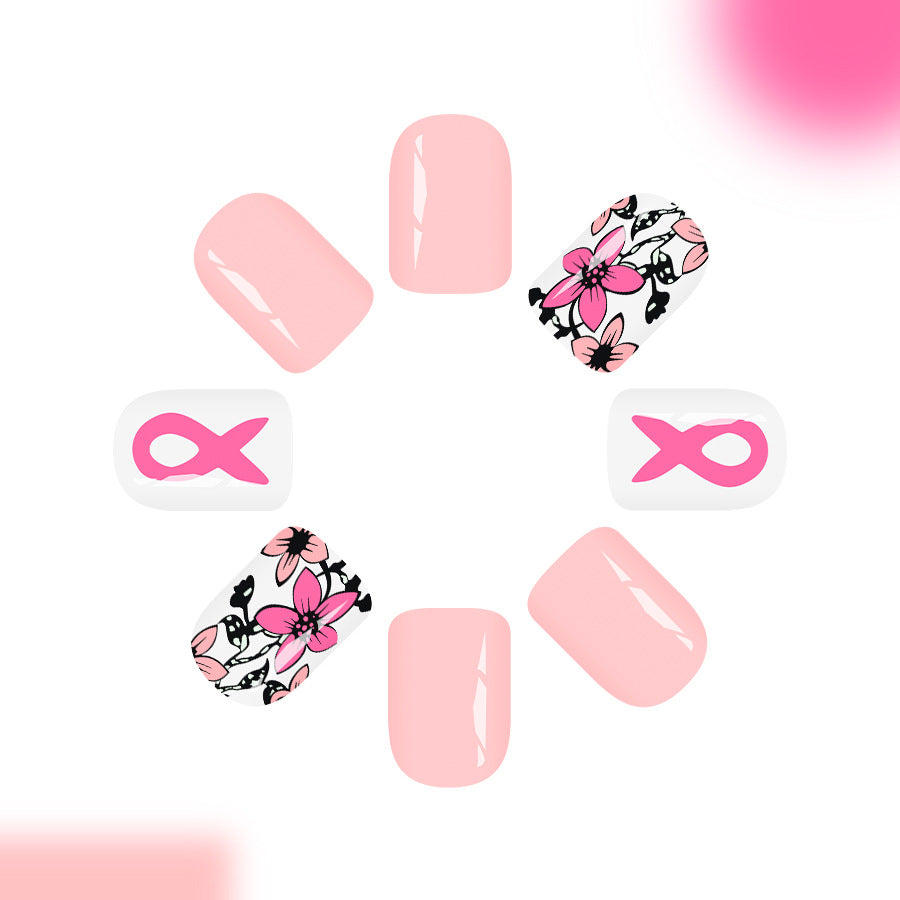 Floral Fantasy Short Square Light Pink Press-On Nail Set with Unique Flower and Ribbon Designs