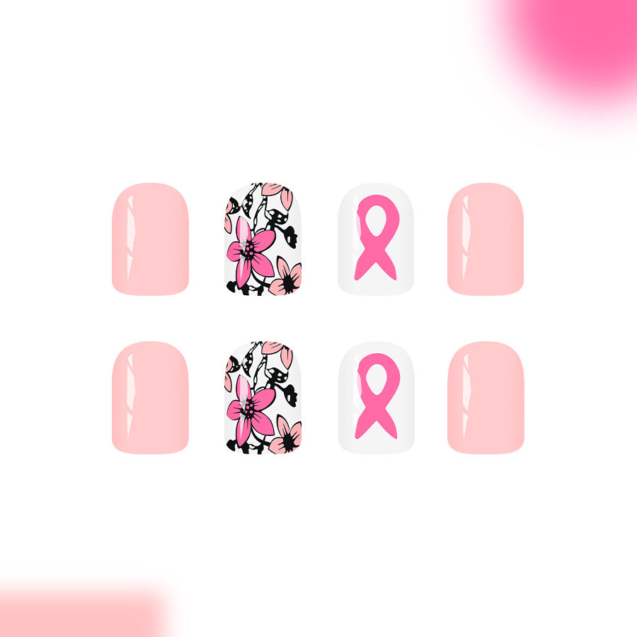 Blossom Serenity Press On Nail Set in Short Length Square Shape Soft Pink with Floral Accent and Pink Ribbon Feature