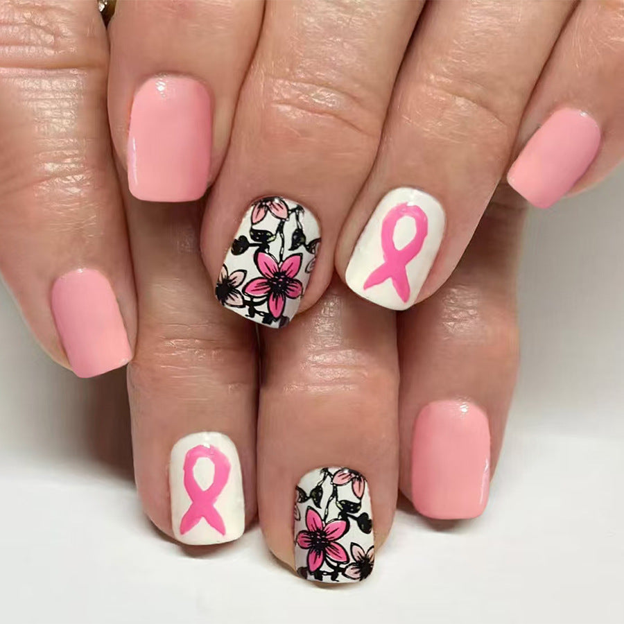Blossoming Elegance Short Square Pink with Floral Patterns and Ribbon Accents Press on Nail Set