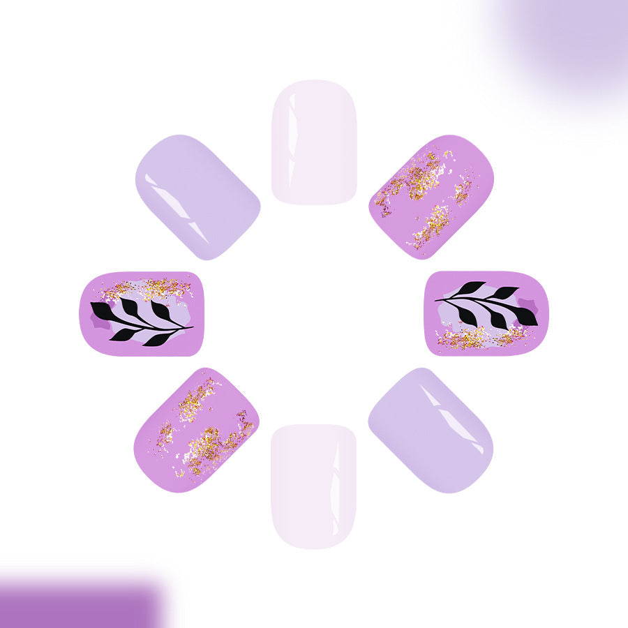 Whimsical Flora Lavender Short Square Press on Nail Set with Stunning Gold Foil Accents