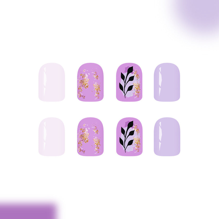 Enchanted Garden Lavender Short Square Press On Nail Set with Leaf Design and Sparkling Glitter Accents