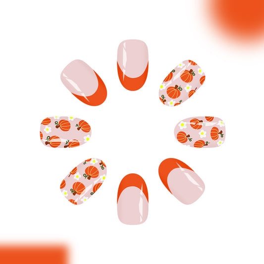 Autumn Harvest Fantasy Medium Oval Orange and Pumpkin Decor Press On Nail Set