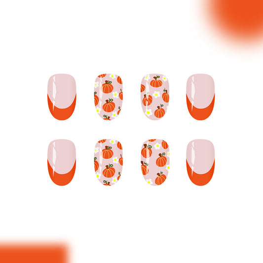 Autumn Delight Medium Oval Orange and Pink Pumpkin Pattern Press-On Nail Set
