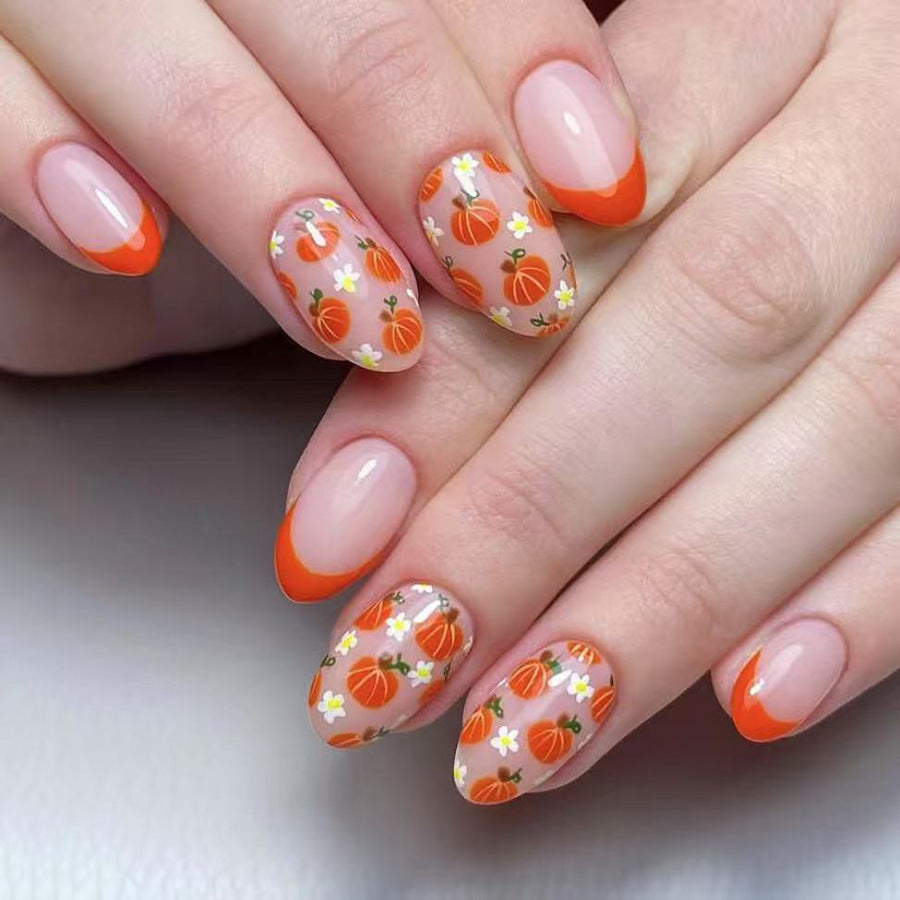 Autumn Harvest Medium Oval Orange Floral Press-On Nail Set with Pumpkin Design