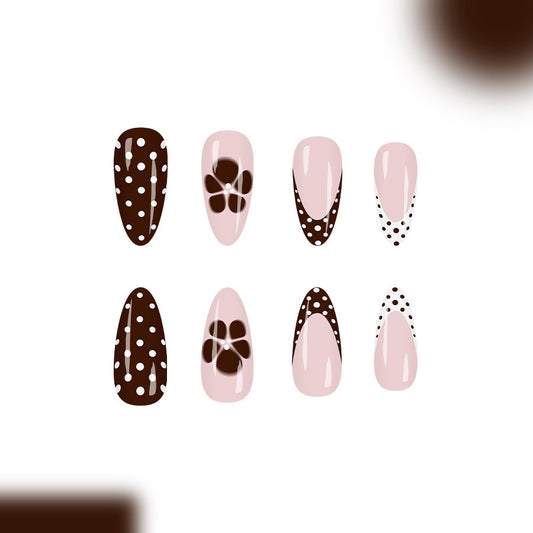 Chocolate Delight Elegant Long Almond Brown and Soft Pink with Floral Accents Press-On Nail Set