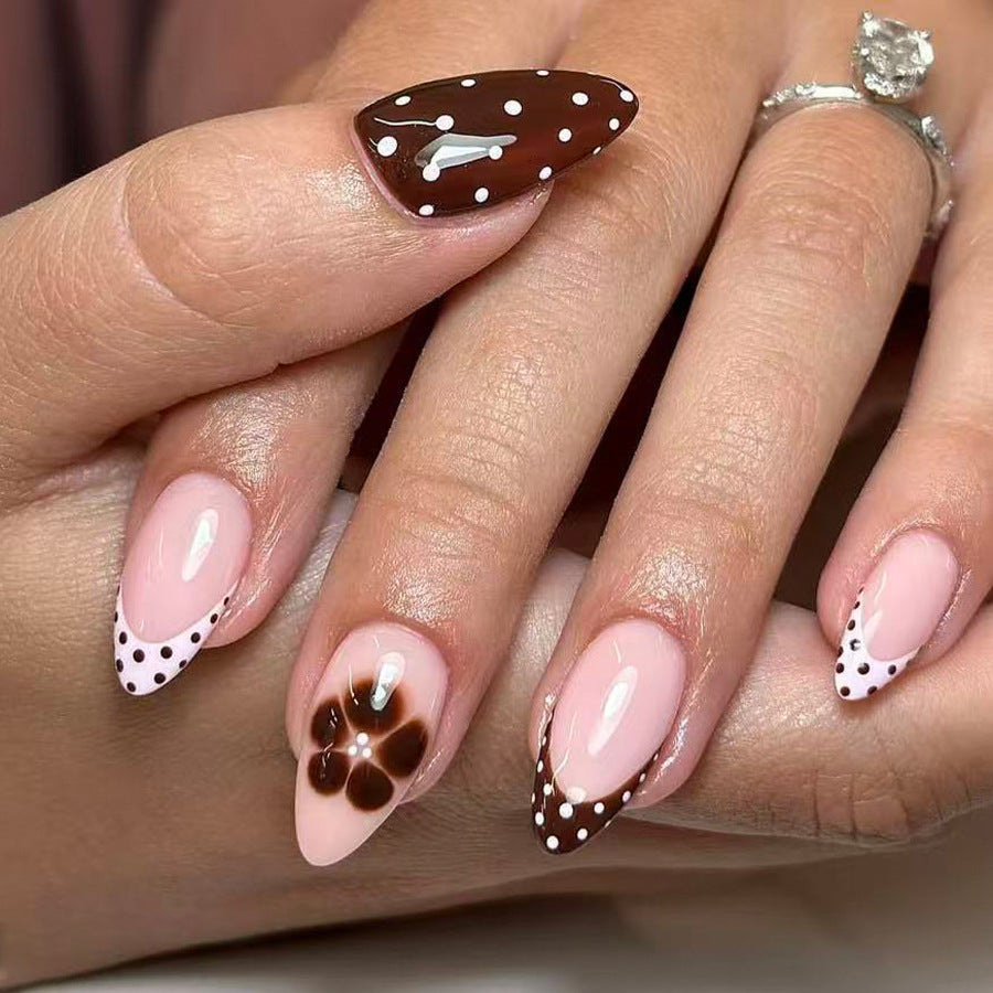 Chic Confectionery Long Almond Pink and Brown with Polka Dots and Floral Accent Design Press-On Nail Set