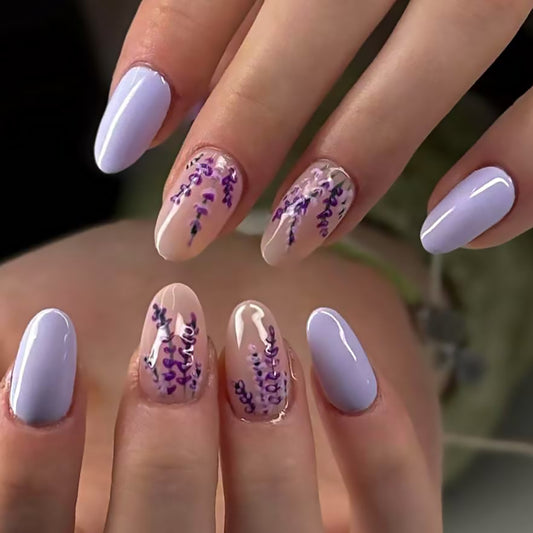 Lavender Garden Dream Medium Oval Shaped Lilac and Beige Floral Press On Nail Set
